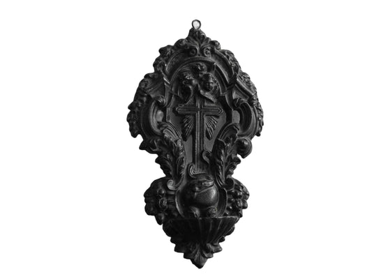 French antique benitier cross for wall decor. Antique religious decor.
