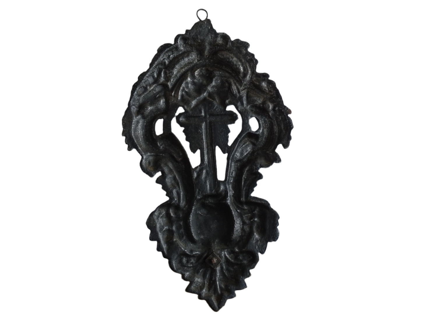 French antique benitier cross for wall decor. Antique religious decor.