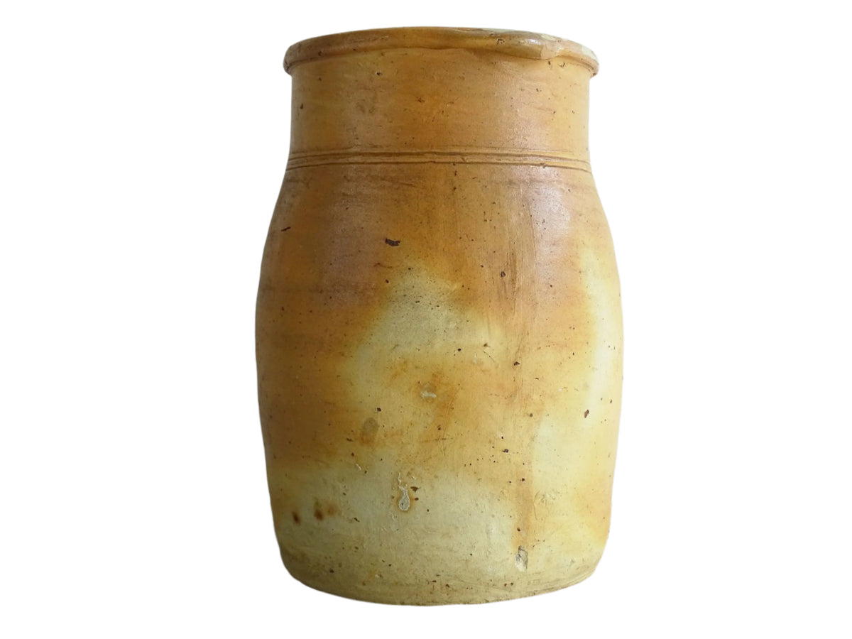 French antique pottery milk jug with orange tones for rustic farmhouse decor.