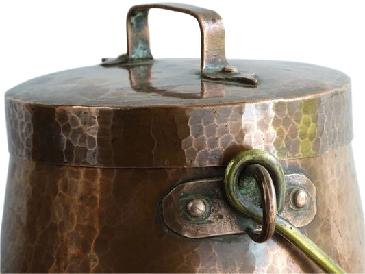 French Antique Hammered Copper Cauldron with Lid or Small antique copper cooking pot with brass handle and hammered copper body for an antique farmhouse kitchen
