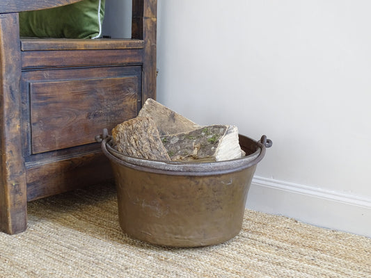 Large Antique French Copper Cauldron or Cooking Pot with Wrought Iron Handle