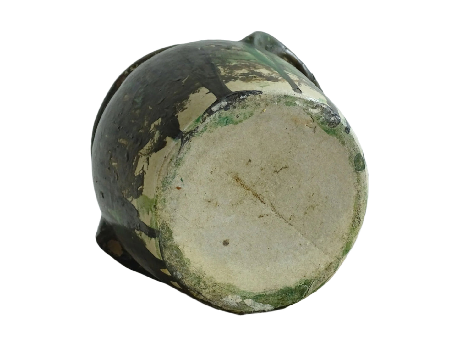 French antique stoneware pot with a green drip paint over earthy base tones. Confit pot for rustic farmhouse decor.