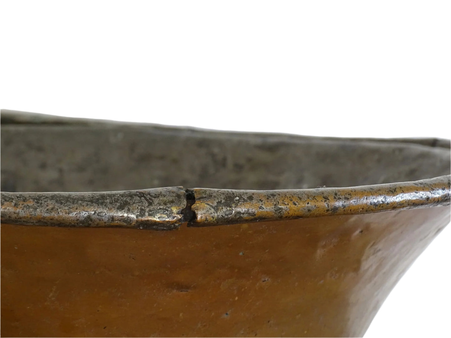 French antique tinned copper bowl with timeworn patina. Antique bowl that would make a rustic table centrepiece in French country farmhouse aesthetic.
