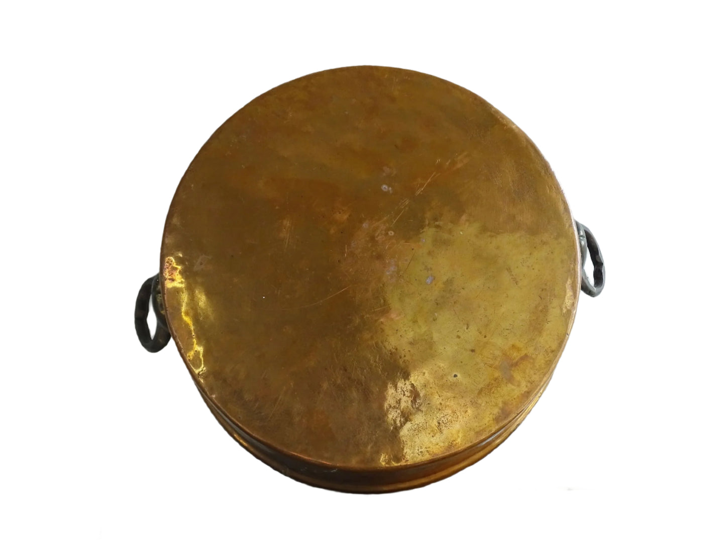 French antique copper pan with two handles and tinned interior. Round copper gratin pan.