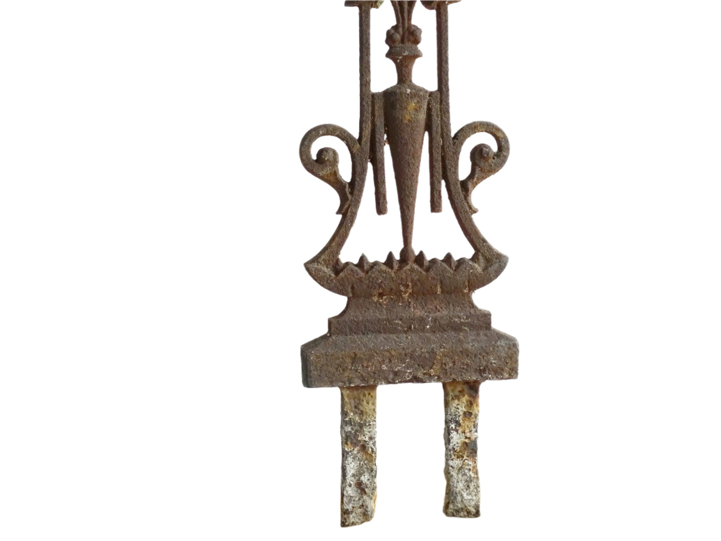 French antique cast iron field cross. Aged and rusted antique pilgrim cross decorated with grapes and vines.