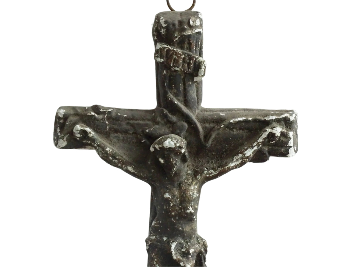 Timeworn French antique altar cross in plaster with a hook on the top so it. Antique altar crucifix as religious decor.
