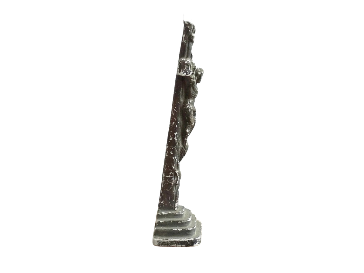 Timeworn French antique altar cross in plaster with a hook on the top so it. Antique altar crucifix as religious decor.
