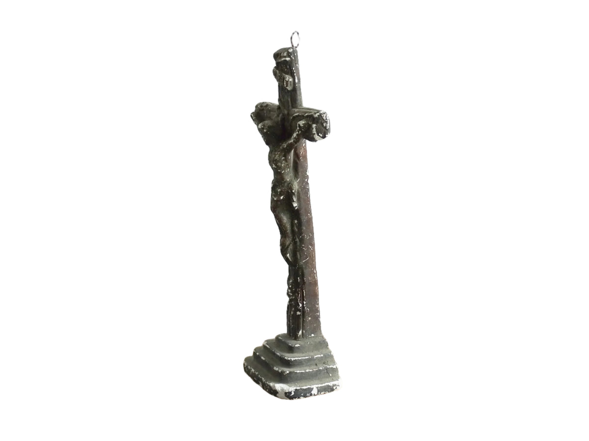 Timeworn French antique altar cross in plaster with a hook on the top so it. Antique altar crucifix as religious decor.