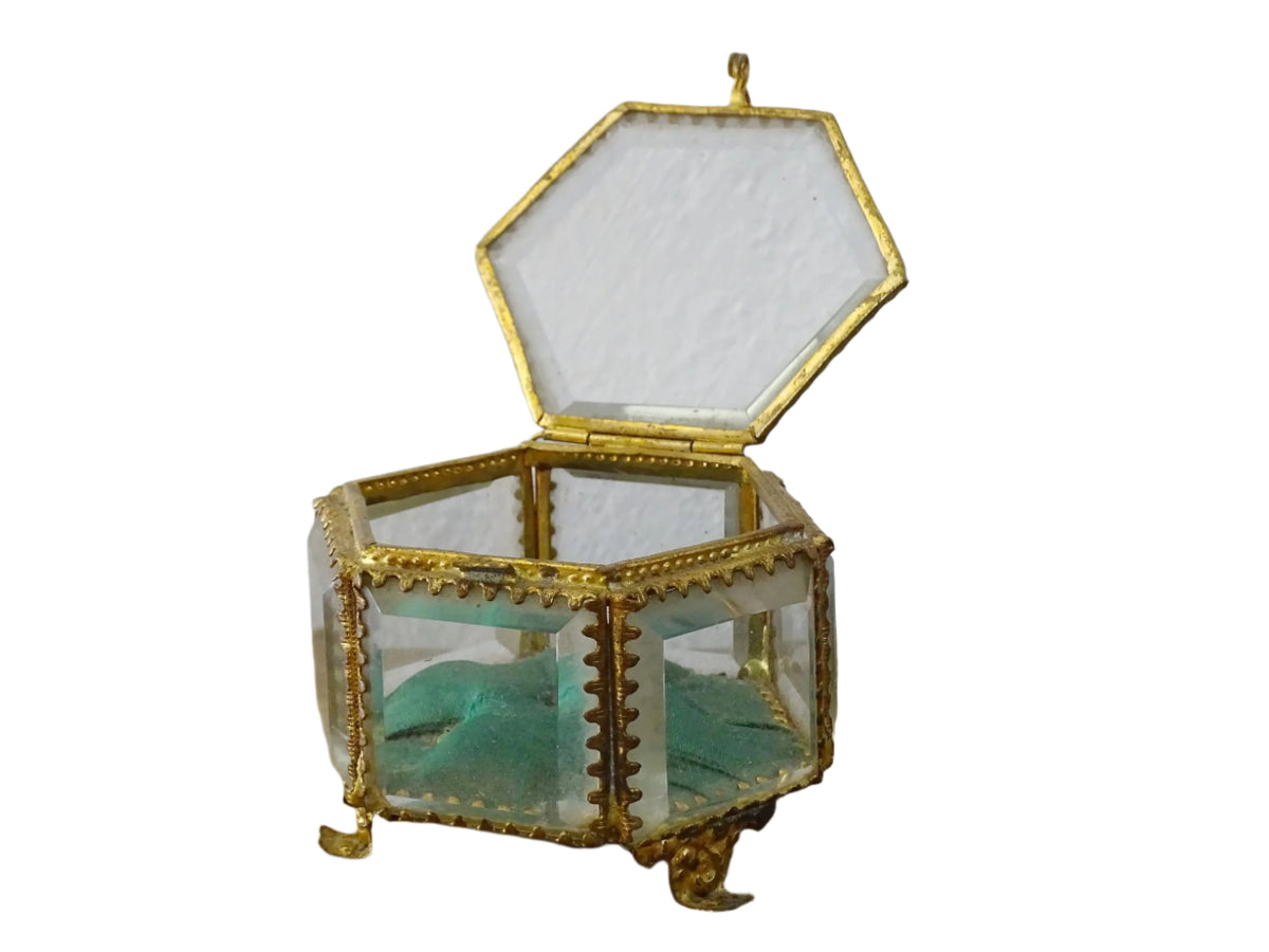 French antique glass jewelry box with bevelled glass, green silk cushion and gilt detailing