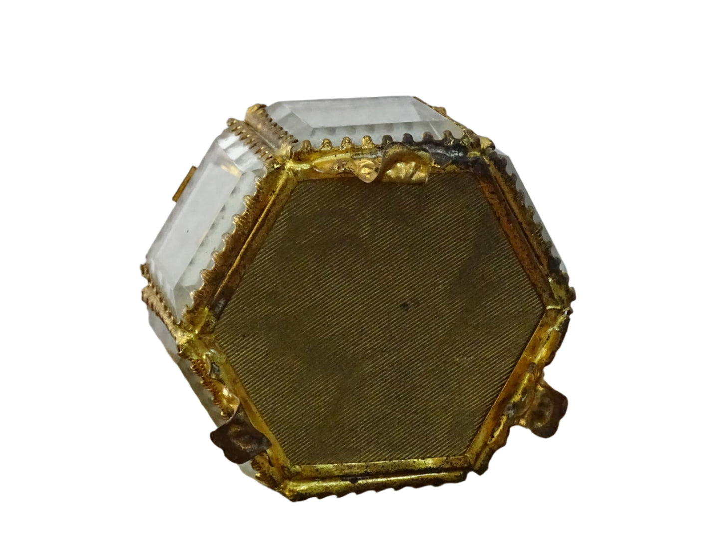 French antique glass jewelry box with bevelled glass, green silk cushion and gilt detailing