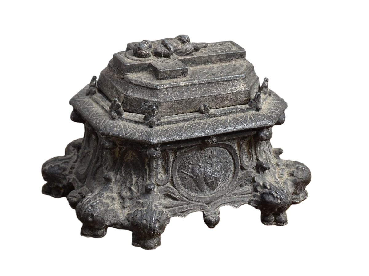 French antique pewter inkwell with religious decoration, it has a Cross and Sleeping Baby Jesus and Sacred Heart of Jesus Symbol
