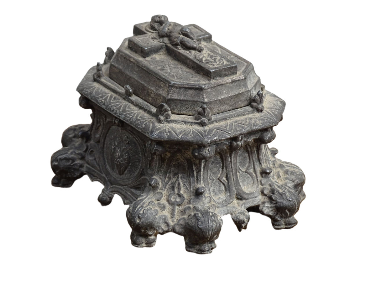French antique pewter inkwell with religious decoration, it has a Cross and Sleeping Baby Jesus and Sacred Heart of Jesus Symbol