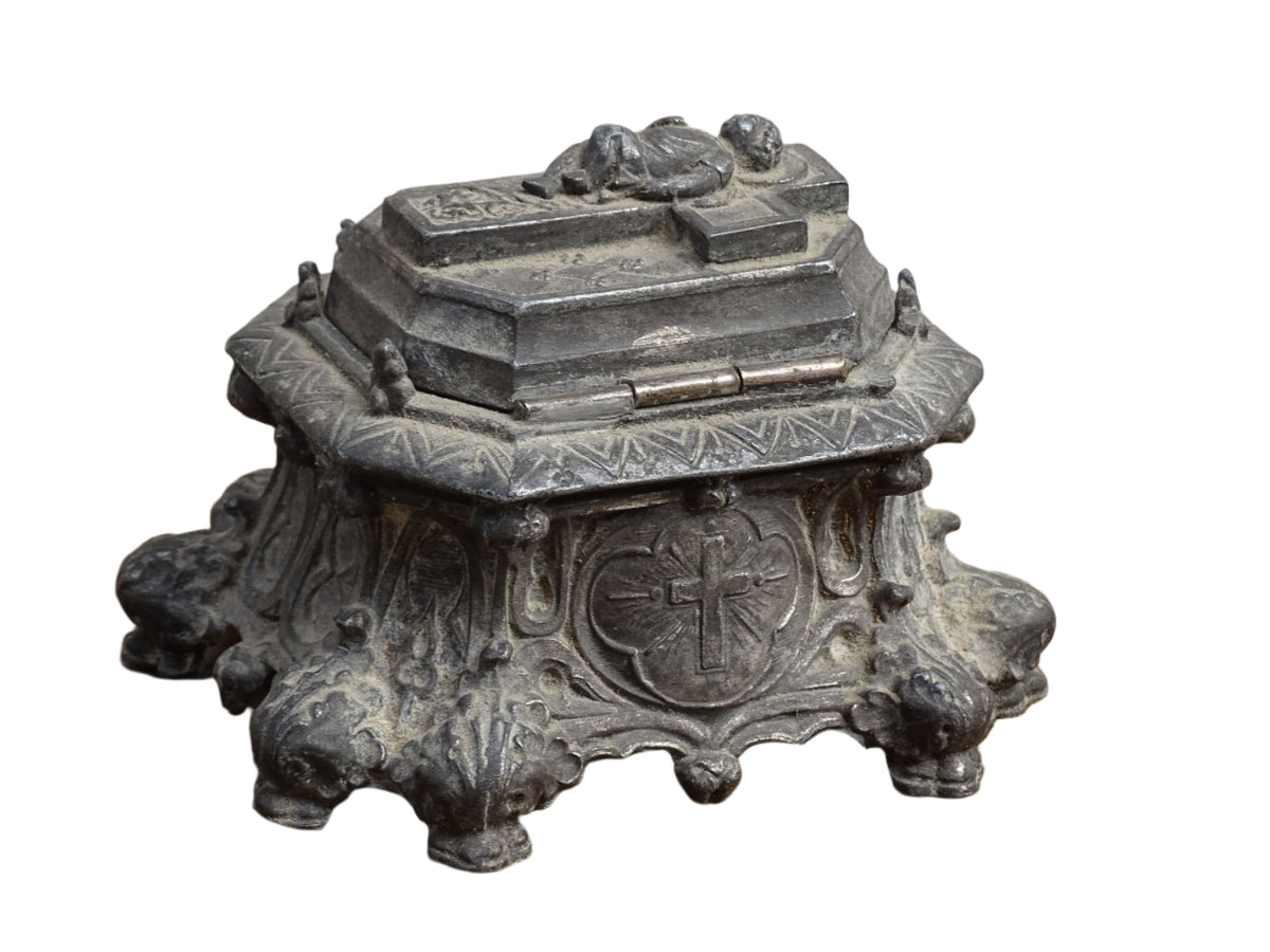 French antique pewter inkwell with religious decoration, it has a Cross and Sleeping Baby Jesus and Sacred Heart of Jesus Symbol