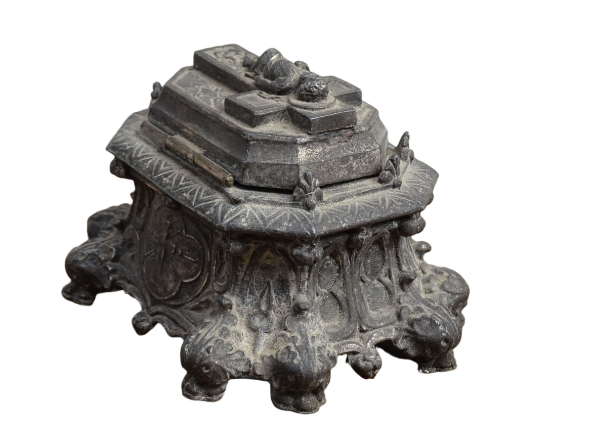 French antique pewter inkwell with religious decoration, it has a Cross and Sleeping Baby Jesus and Sacred Heart of Jesus Symbol