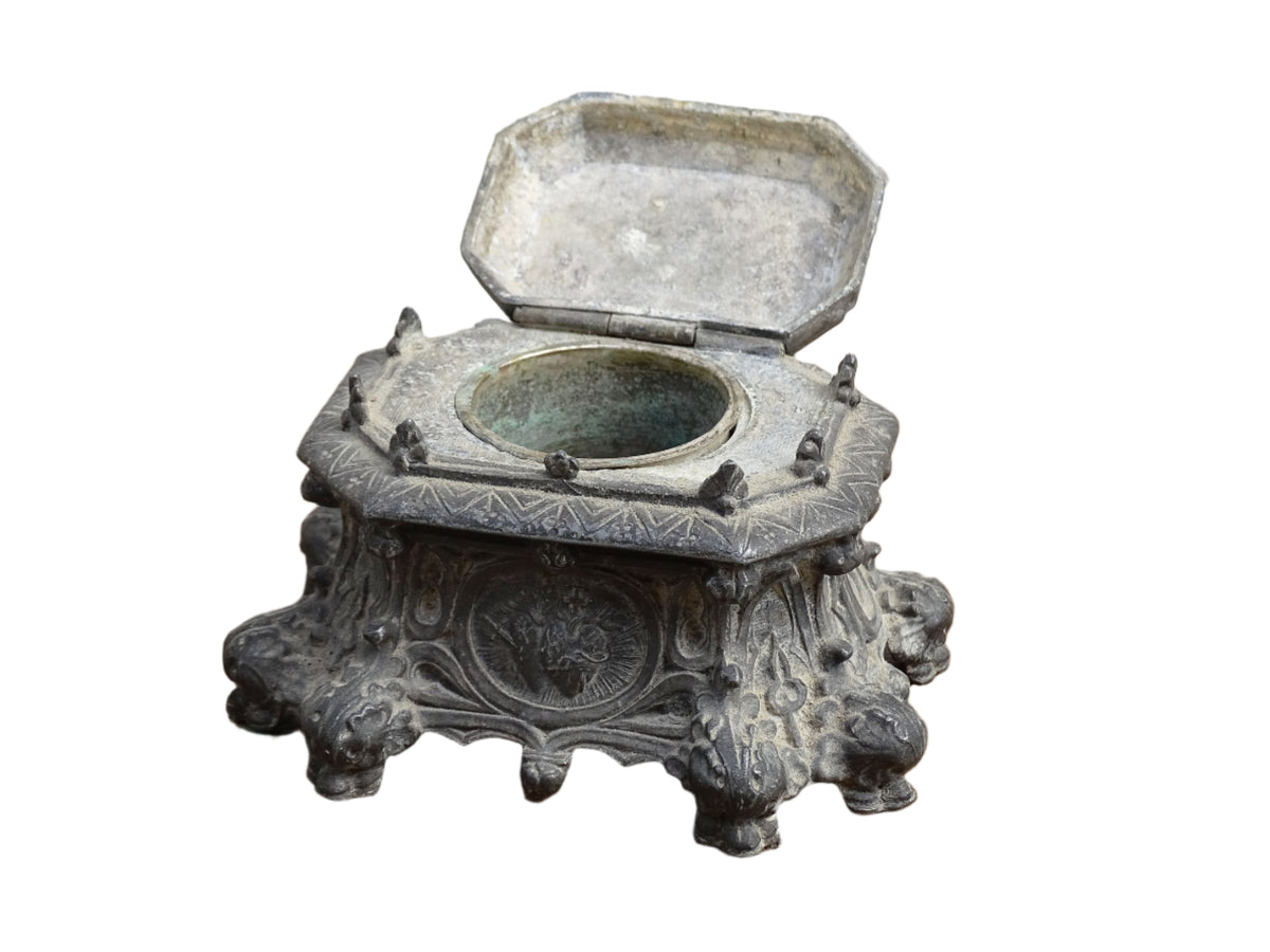 French antique pewter inkwell with religious decoration, it has a Cross and Sleeping Baby Jesus and Sacred Heart of Jesus Symbol
