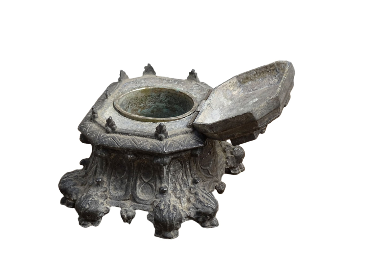 French antique pewter inkwell with religious decoration, it has a Cross and Sleeping Baby Jesus and Sacred Heart of Jesus Symbol