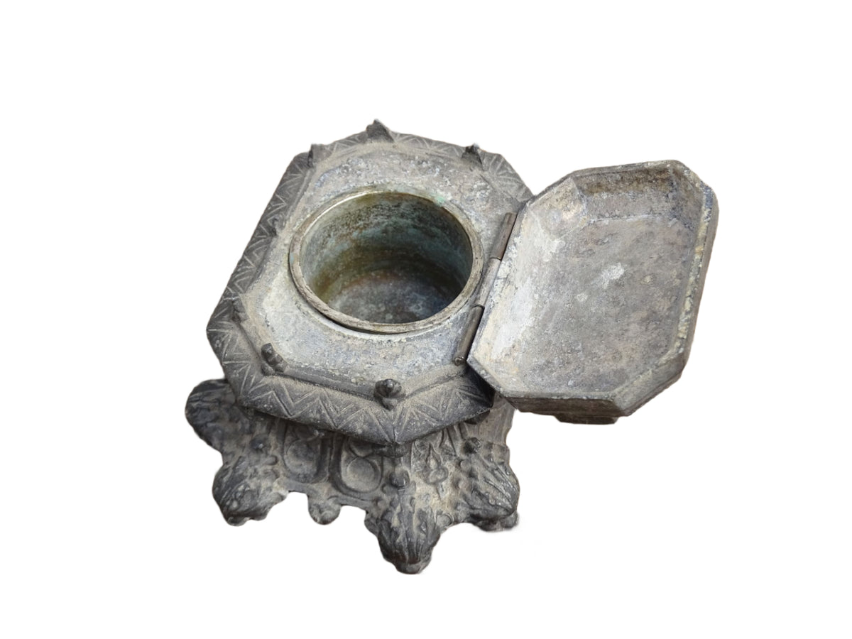 French antique pewter inkwell with religious decoration, it has a Cross and Sleeping Baby Jesus and Sacred Heart of Jesus Symbol