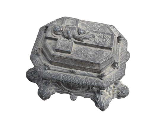 French antique pewter inkwell with religious decoration, it has a Cross and Sleeping Baby Jesus and Sacred Heart of Jesus Symbol