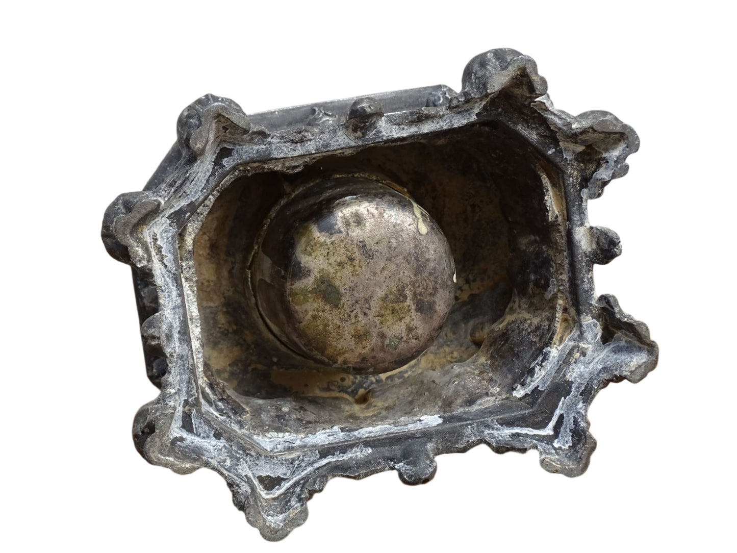 French antique pewter inkwell with religious decoration, it has a Cross and Sleeping Baby Jesus and Sacred Heart of Jesus Symbol