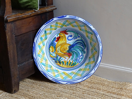 Large Vintage Spanish Triana Pottery Lebrillo with Hand-painted Cockerel Motif in Blue, Green, Yellow and Red. Tin glazed earthenware bowl.