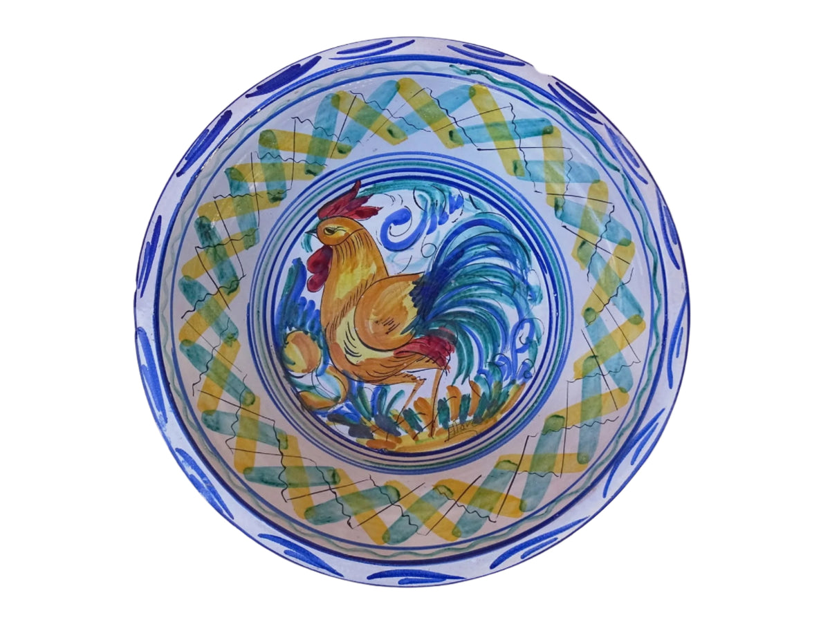 Large Vintage Spanish Triana Pottery Lebrillo with Hand-painted Cockerel Motif in Blue, Green, Yellow and Red. Tin glazed earthenware bowl.
