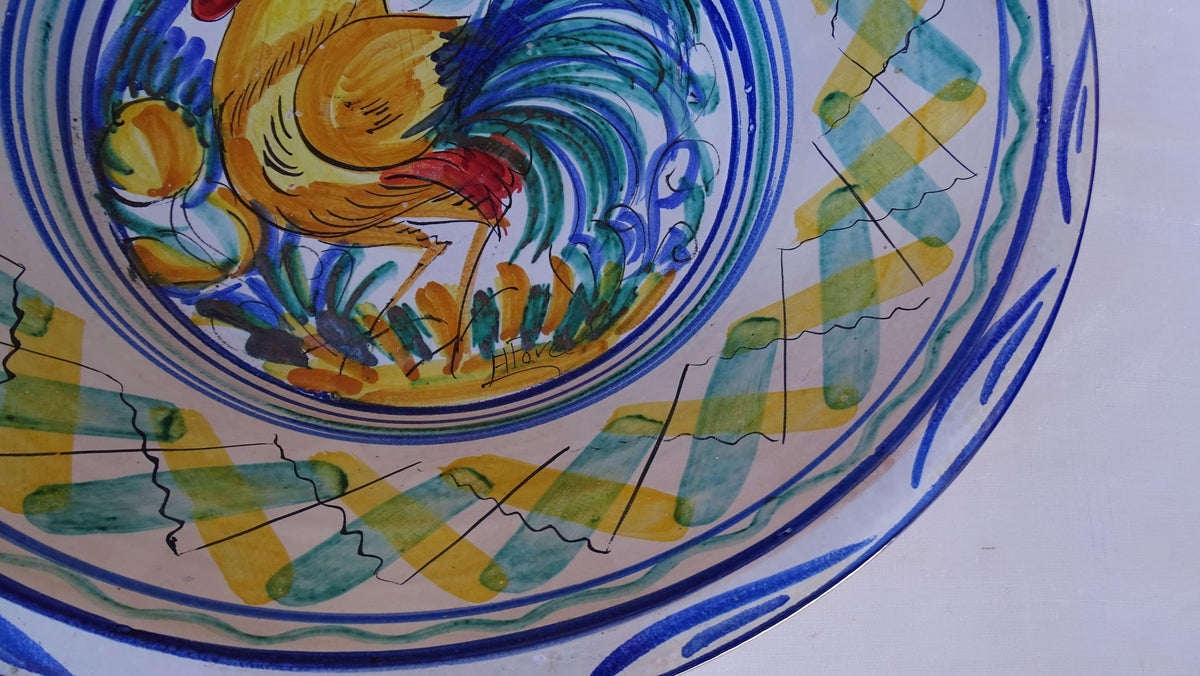 Large Vintage Spanish Triana Pottery Lebrillo with Hand-painted Cockerel Motif in Blue, Green, Yellow and Red. Tin glazed earthenware bowl.