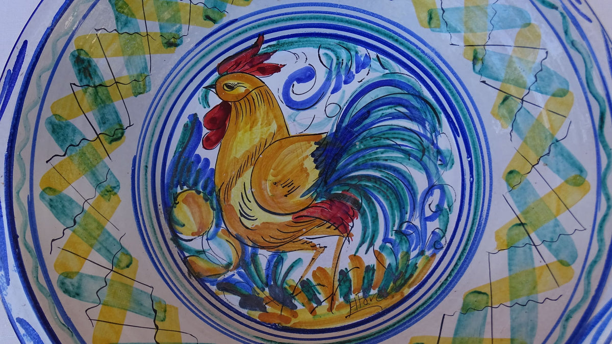 Large Vintage Spanish Triana Pottery Lebrillo with Hand-painted Cockerel Motif in Blue, Green, Yellow and Red. Tin glazed earthenware bowl.