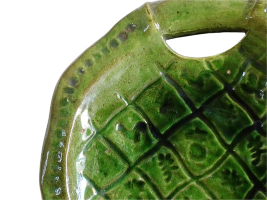 French vintage terracotta platter with green glaze and handles. Earthenware plate with cockerels and leaf motifs.
