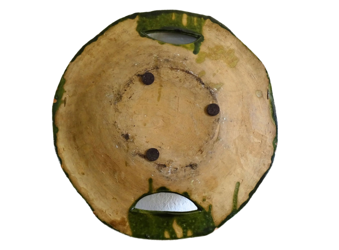 French vintage terracotta platter with green glaze and handles. Earthenware plate with cockerels and leaf motifs.