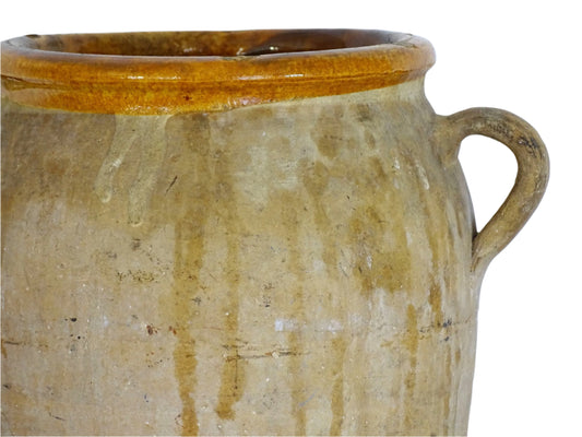 French Antique Terracotta Pot with Yellow Glaze Interior. Confit pot for a rustic antique farmhouse style
