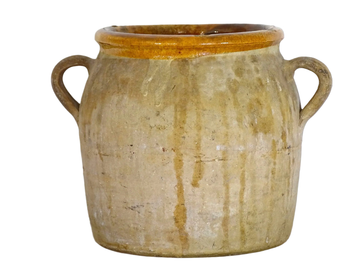 French Antique Terracotta Pot with Yellow Glaze Interior. Confit pot for a rustic antique farmhouse style