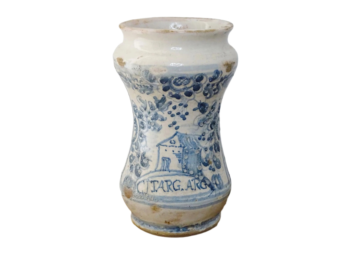 Italian albarello medicine jar from the 18th century, a tin-glazed, blue and white earthenware jar hand-painted with flowers, foliage and a naive house, dated 1763