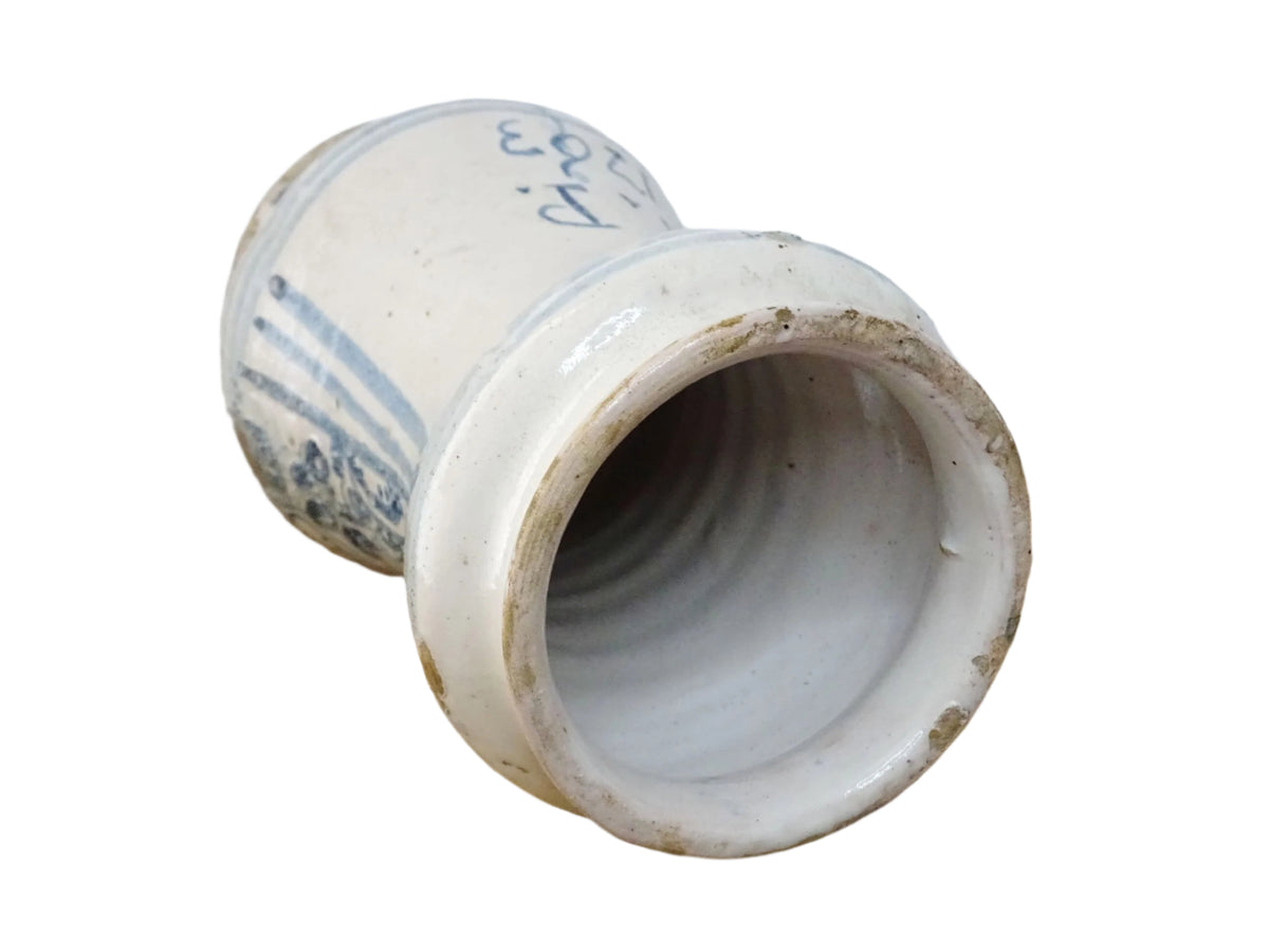 Italian albarello medicine jar from the 18th century, a tin-glazed, blue and white earthenware jar hand-painted with flowers, foliage and a naive house, dated 1763