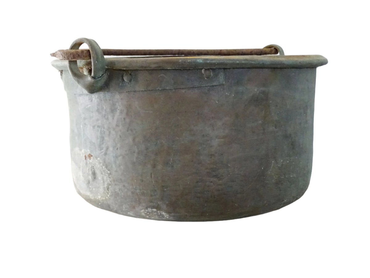 Worn Antique Copper Cauldron with Verdigris