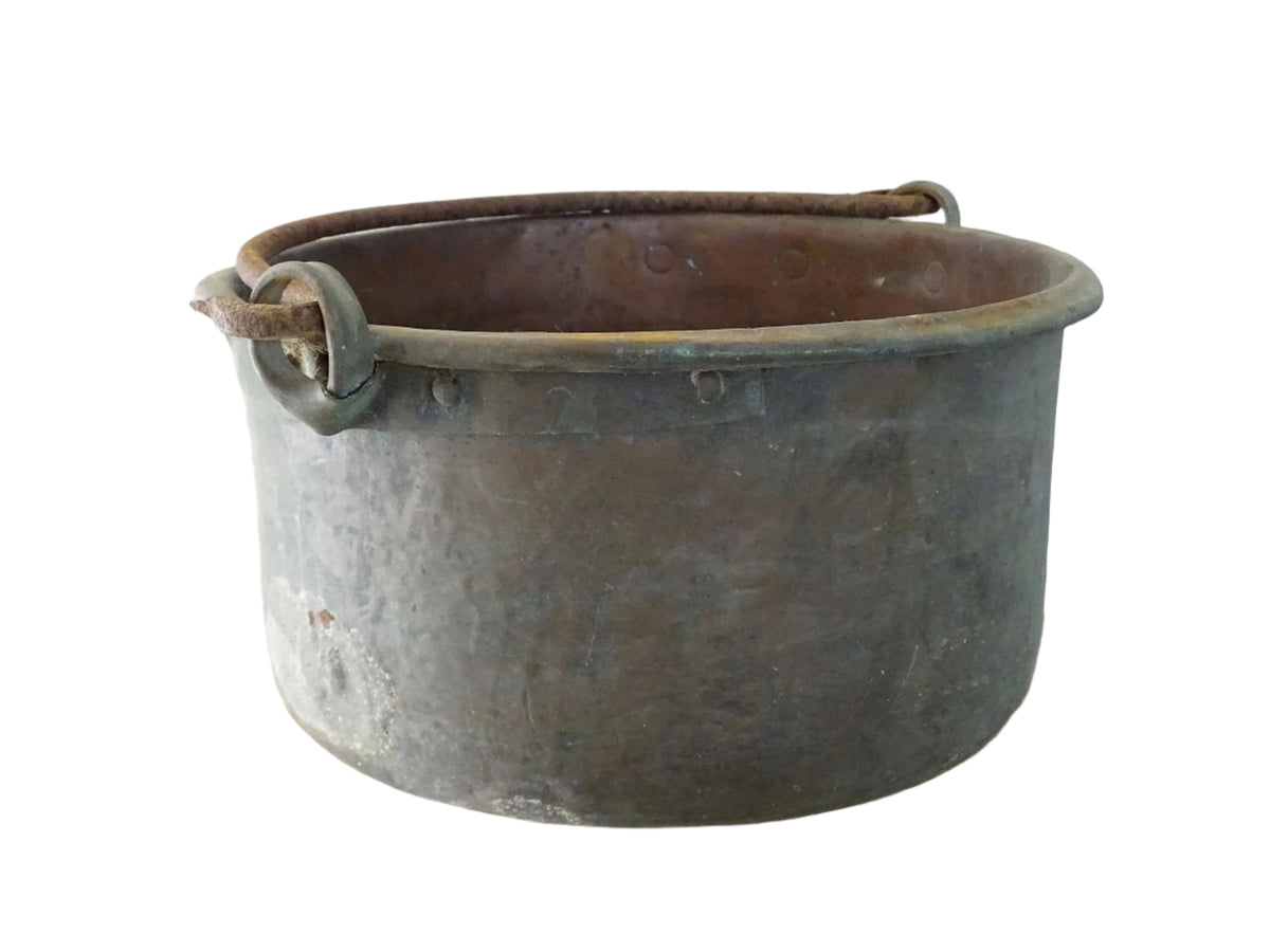 Worn Antique Copper Cauldron with Verdigris