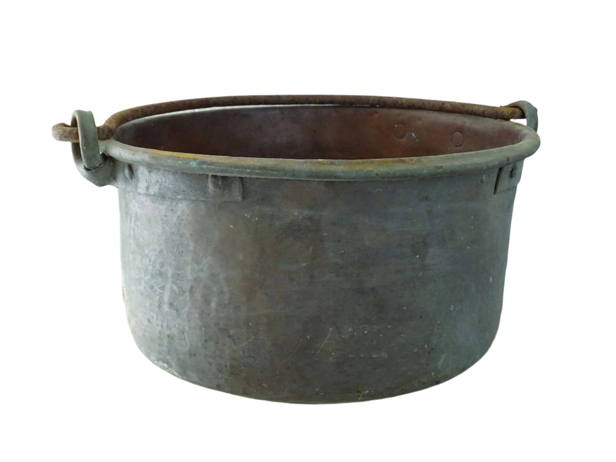 Worn Antique Copper Cauldron with Verdigris