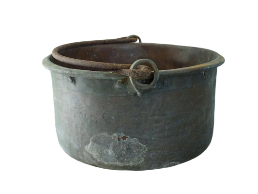 Worn Antique Copper Cauldron with Verdigris
