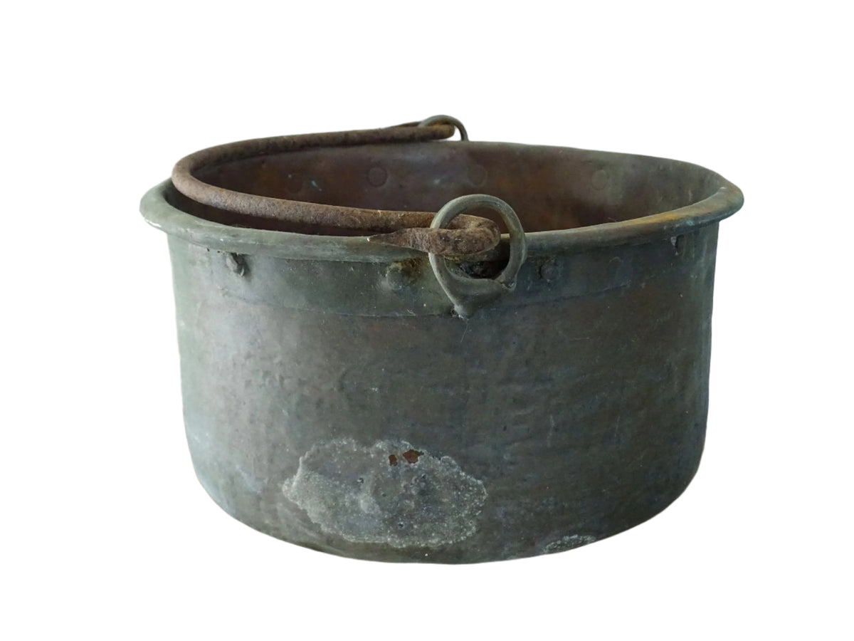 Worn Antique Copper Cauldron with Verdigris