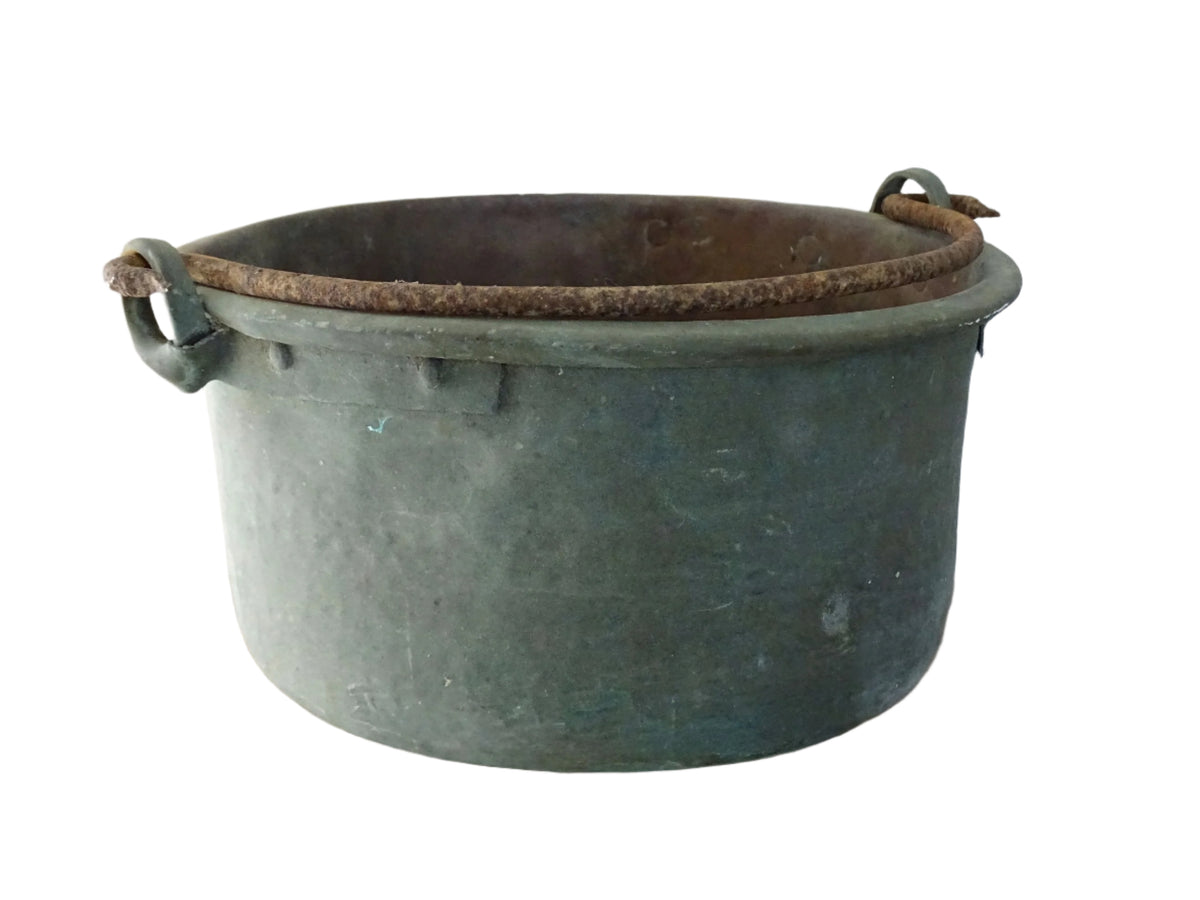 Worn Antique Copper Cauldron with Verdigris