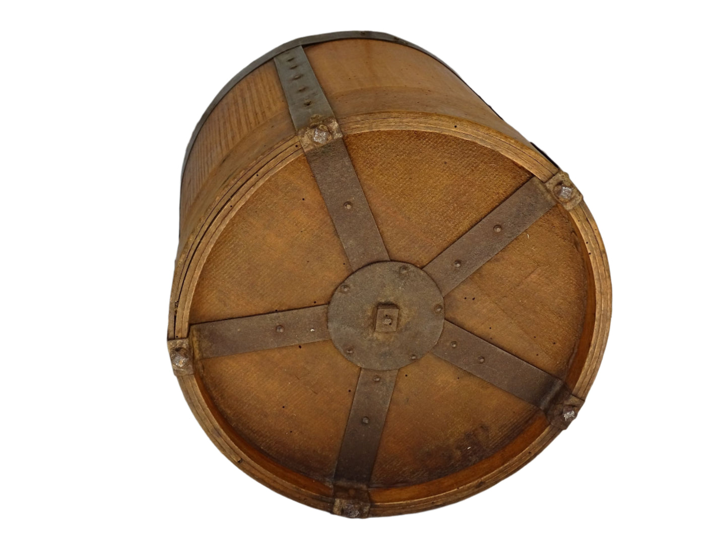 French antique wooden grain measure with bentwood and metal bars, French farmhouse decor.