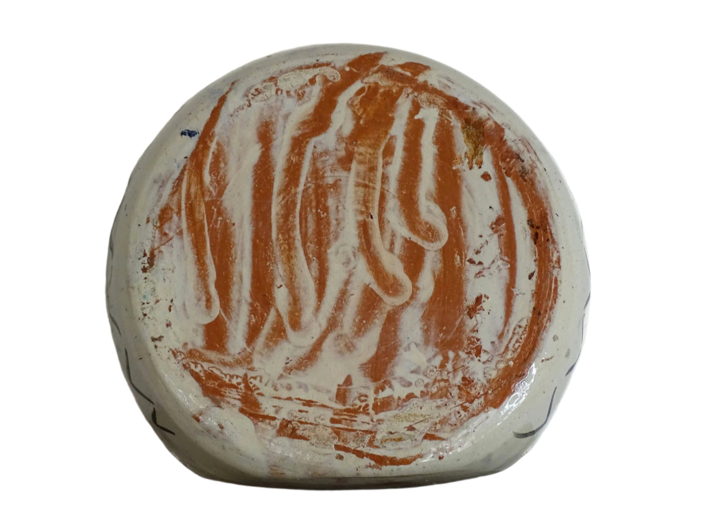 French antique glazed terracotta bowl, with hand-painted green highlights and a peacock motif to the centre. The pottery bowl is flat to the top, it is a decorative bowl for the coffee table or as wall decor.