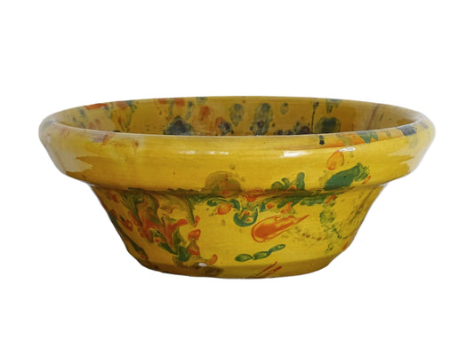 French antique jaspe pottery bowl in yellow ochre and marbled with oranges, greens and blues. Savoie pottery terracotta bowl. Antique French pottery or antique slipware pottery.