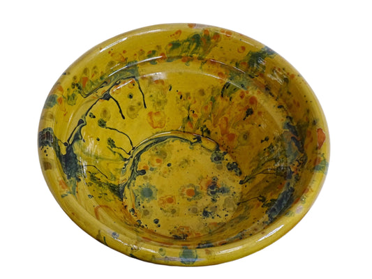 French antique jaspe pottery bowl in yellow ochre and marbled with oranges, greens and blues. Savoie pottery terracotta bowl. Antique French pottery or antique slipware pottery.
