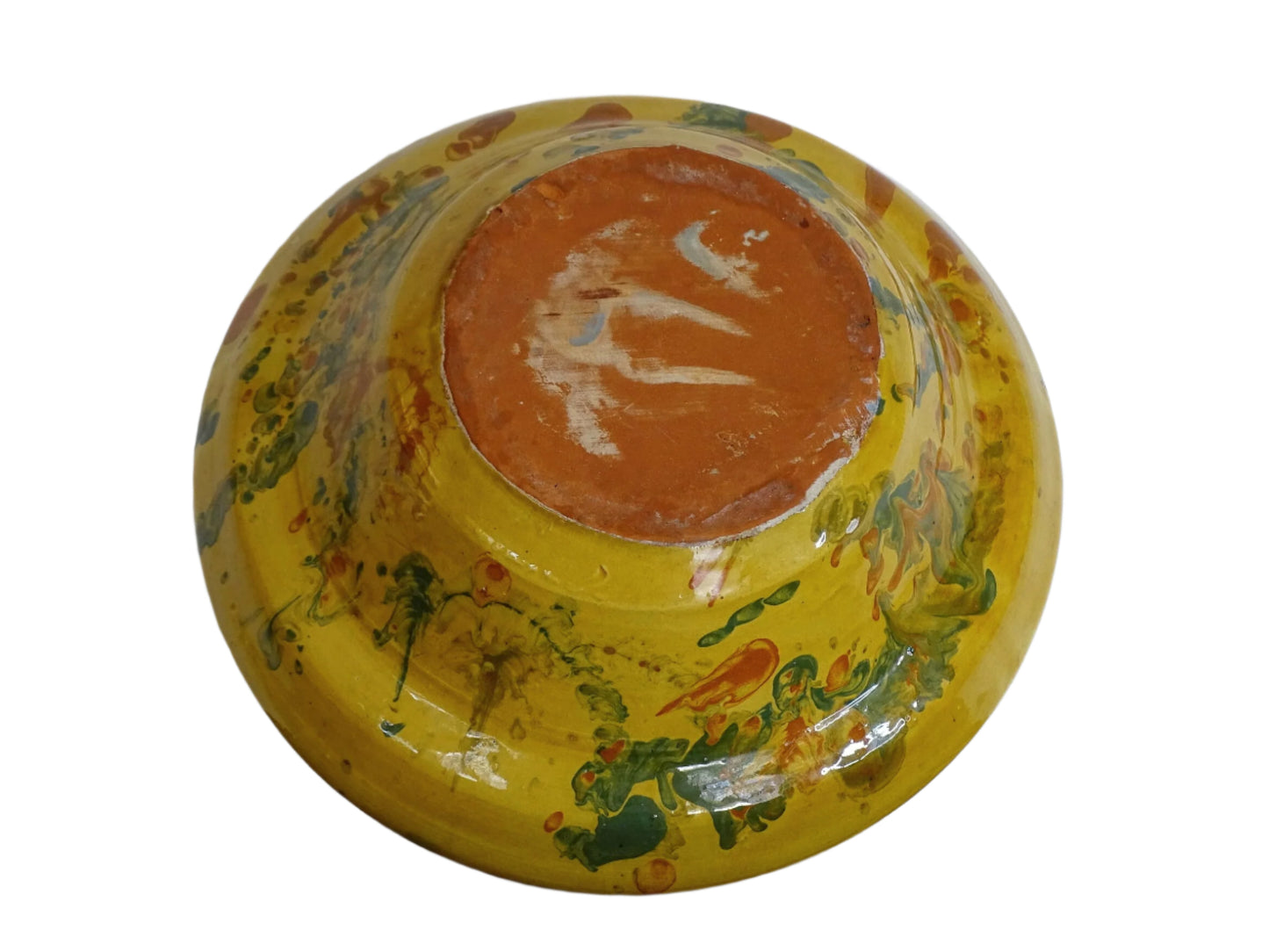 French antique jaspe pottery bowl in yellow ochre and marbled with oranges, greens and blues. Savoie pottery terracotta bowl. Antique French pottery or antique slipware pottery.