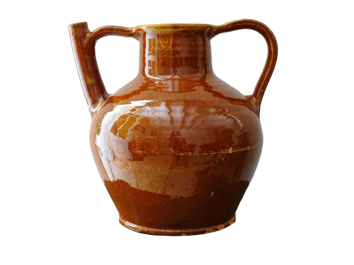 French antique glazed terracotta pottery orjol jug or pitcher with deep orange colour glaze