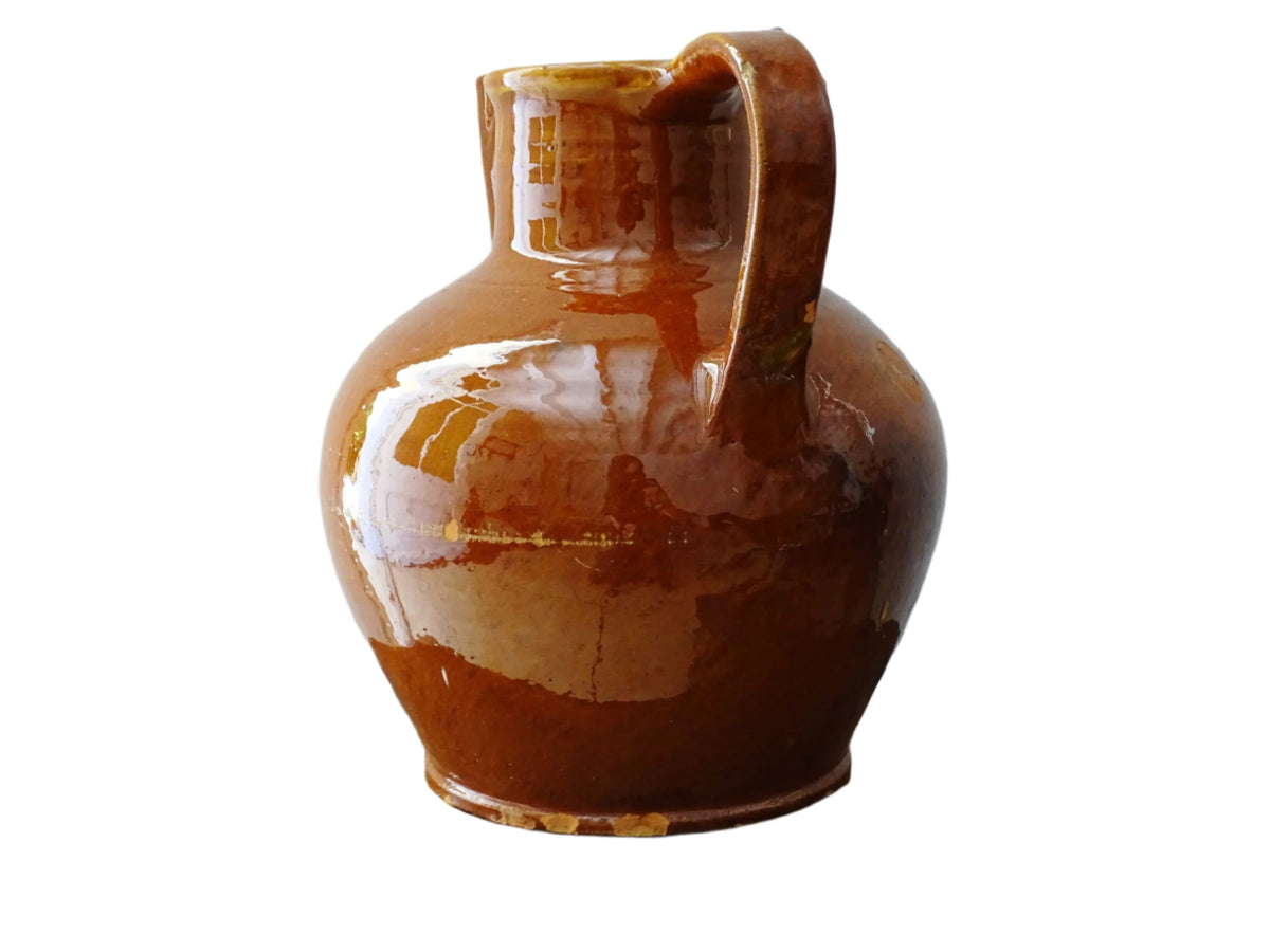 French antique glazed terracotta pottery orjol jug or pitcher with deep orange colour glaze