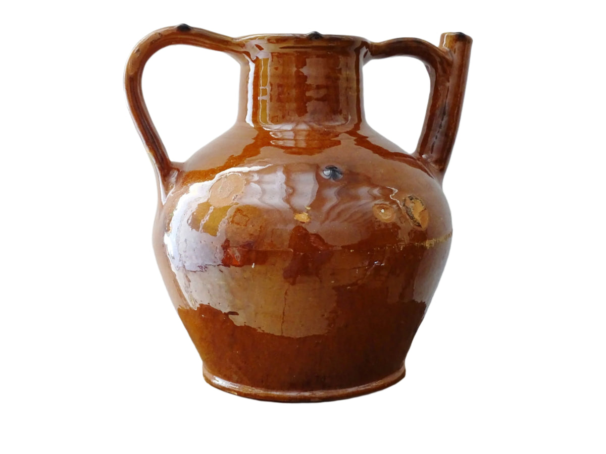 French antique glazed terracotta pottery orjol jug or pitcher with deep orange colour glaze