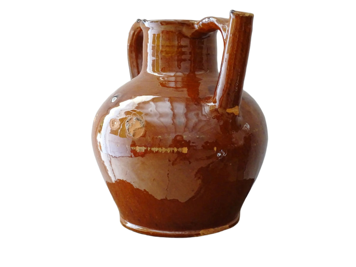 French antique glazed terracotta pottery orjol jug or pitcher with deep orange colour glaze
