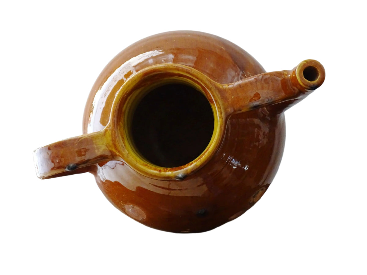 French antique glazed terracotta pottery orjol jug or pitcher with deep orange colour glaze