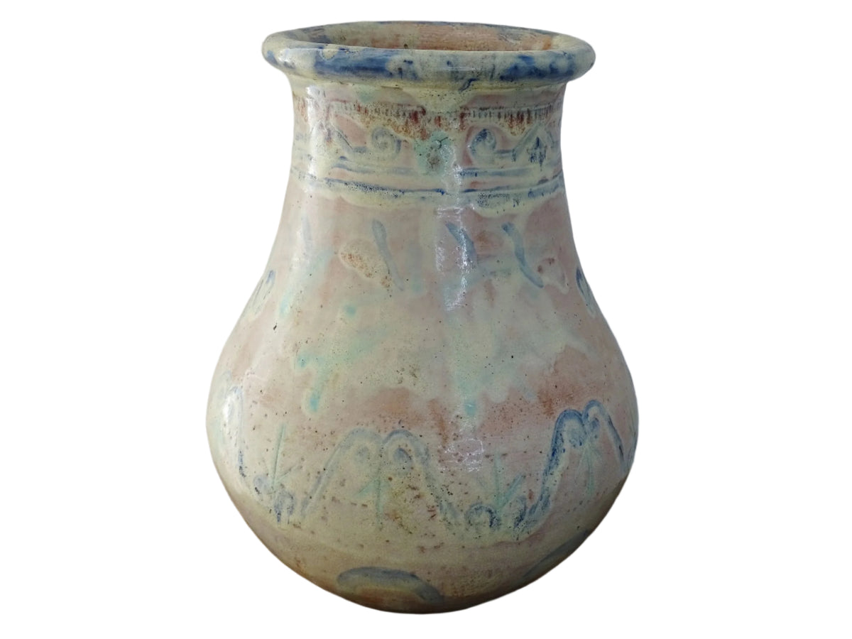 An antique French terracotta baluster vase glazed in soft pink and blue with touches of turquoise. This earthenware vase has a broad lip and a crazed patina. Pink pottery vase.